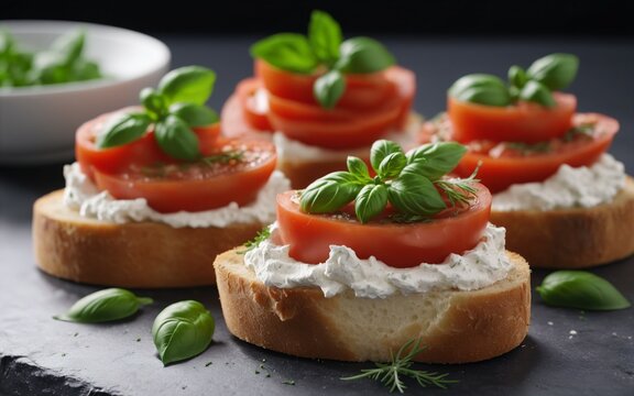 Bruschetta with cheese, tomato and basilia