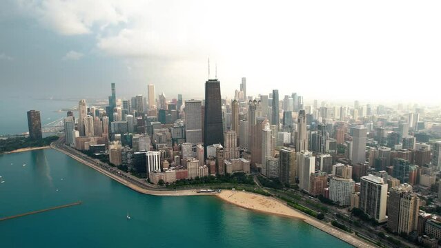 Chicago Skyline Aerial Drone View From Above, Lake Michigan And City Of Chicago Downtown Skyscrapers Cityscape Bird's View From Lincoln Park, Illinois, USA