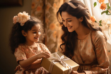Indian woman giving gift to her little daughter and celebrating diwali festival. - obrazy, fototapety, plakaty