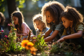 A group of children learning about climate change and sustainability in an outdoor classroom. Generative Ai.