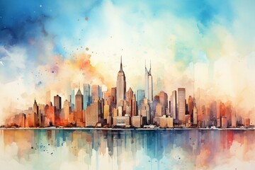 Illustration: watercolor-style cityscape resembling New York. Generative AI