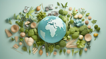 Paper Craft,  Globe surrounded by icons representing sustainable farming practices,  such as organic agriculture and agroforestry
