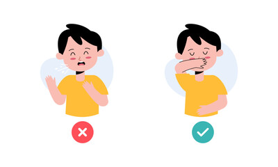 Kids Character Catching Flu. Kids Coughing and Sneezing in Right and Wrong Way Illustration