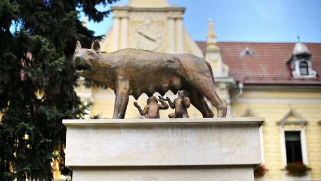 View of Capitoline Wolf monument in old Brasov centre, Romania. Town house on the background
