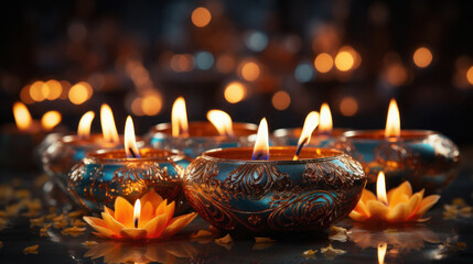 Traditional Burning oil lamps or diyas. diwali festival concept.