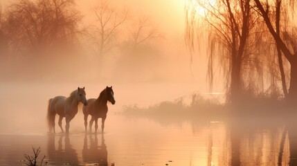 Fototapeta na wymiar Silhouette of horses in sunset
