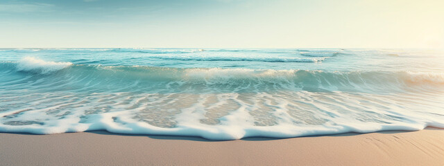 Fototapeta na wymiar Blue wave covers the white sand beach, foam soft wave, copy space