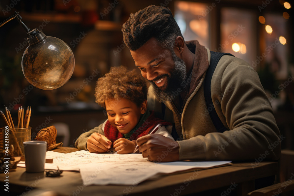 Poster a single parent helping their child with homework, showcasing the evolving roles within families. ge