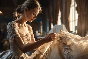 Naklejka premium A conservator carefully cleaning the delicate fabrics of a vintage wedding gown. Generative Ai.
