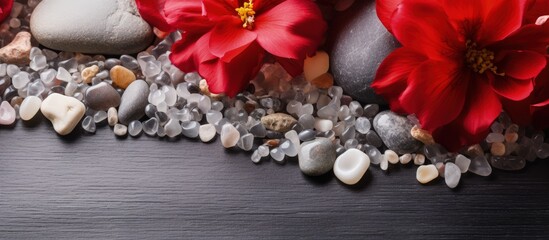 Fototapeta na wymiar White gemstones spelling Home on a stone backdrop with red flowers