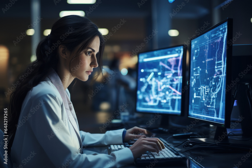 Poster a woman in a lab coat analyzing data on a computer, contributing to scientific research. generative 