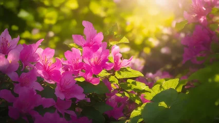 Fototapeten A vibrant Azalea flower takes center stage in a lush garden, surrounded by a sea of green leaves - AI Generative © Being Imaginative