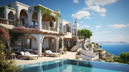 Fototapeta na wymiar Mediterranean Summer Getaway: White Hillside Villa with Pool and Breathtaking Sea Views