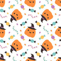 Fototapeta premium Vector Halloween seamless pattern pumpkin and candies.