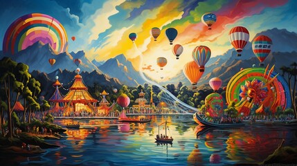 an artistic representation of a lakeside carnival with colorful rides and games