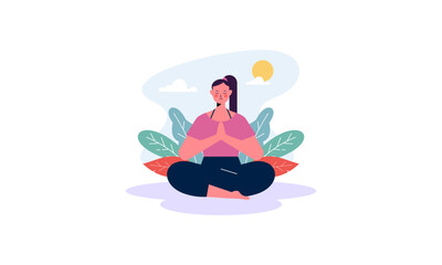 Women Meditating in Yoga Lotus Posture in Nature Concept Illustration