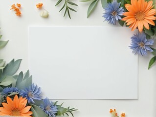 Wedding multicolored floral border on white card on monotone background