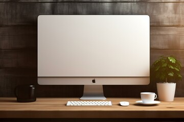 Front view of a blank computer monitor on a wooden table with a coffee cup and keyboard in a sunlit room against a dark wall. 3D rendering. Generative AI