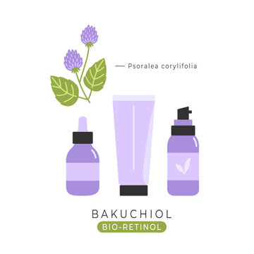 Bakuchiol and cosmetic bottles illustration