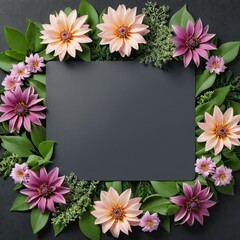 Obraz premium Dark grey background framed by vibrant pink, purple, and orange flowers