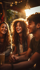 Grupo de amigos disfrutando de un refresco o una cerveza en el jardín. Imagen idílica con espectacular luz del atardecer. Gente feliz disfrutando de una reunión social celebrando juntos.Ia generado.