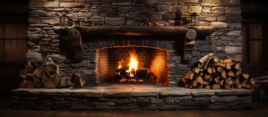 Stone fireplace ablaze