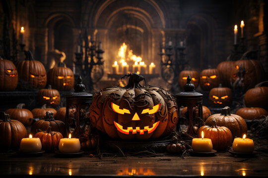 Halloween pumpkins smiling maliciously stand on a table inside the castle