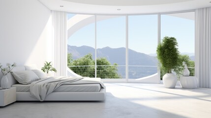 Obraz premium Interior of white minimalist scandi bedroom in luxury villa or hotel. Large comfortable bed, ottoman, houseplant, panoramic window overlooking scenic landscape. Ecodesign. Mockup, 3D rendering.