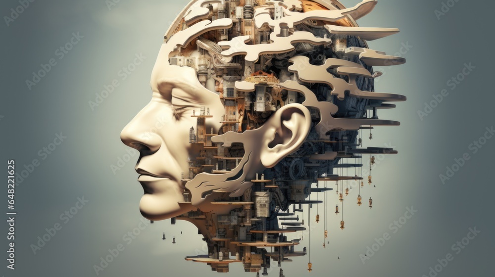 Poster a man's head with multiple gears coming out of it. generative ai image.