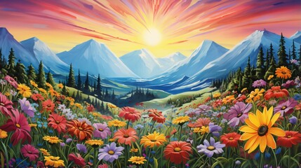 an artistic representation of a mountain wildflower festival with colorful blooms