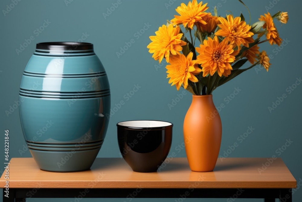 Poster a table with a vase and a cup on it. generative ai image.