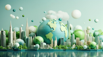 Paper Craft,  A mosaic of globes showcasing sustainable cityscapes and green urban planning initiatives