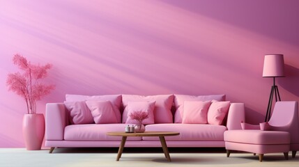 Stylish minimalist monochrome interior of modern living room in pastel pink and purple tones. Trendy couch, armchair, coffee table, decorative vase. Creative home design. Mockup, 3D rendering.
