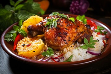 Fototapeta premium Close-up of flavorful and tangy chicken dish. Generative AI