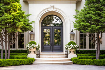 Fototapeta na wymiar Arched Black Front Door. Entrance In A Beautiful Modern House With Trees And Green Plants. Ai Generated.