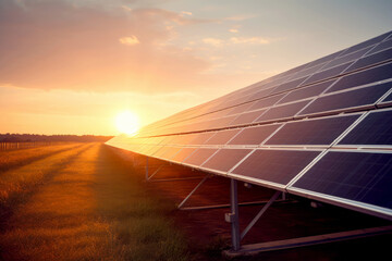 Solar Panels On A Field At Sunset. Renewable Energy Concept. Ai Generated.