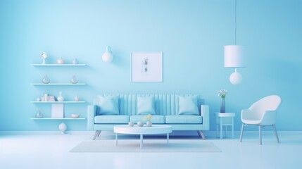 Fototapeta na wymiar Stylish minimalist monochrome interior of modern cozy living room in white and pastel blue tones. Trendy couch, armchair, coffee table, poster template. Creative home design. Mockup, 3D rendering.