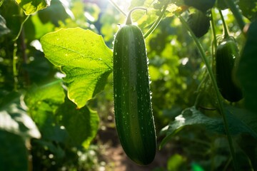 healthy cucumber in lush garden. Generative AI