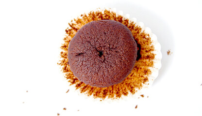 Mini chocolate muffin or brownie cupcake on white background stock photo.