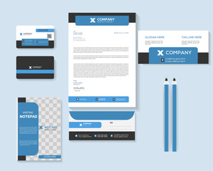 corporate identity stationery design layout,identity shape blue and black color packaging stationery design template.