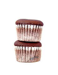 Two Mini chocolate muffins or brownie cupcake on white background stock photo.