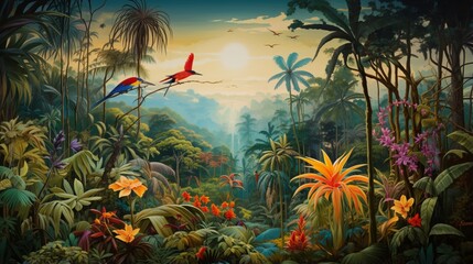 an artistic representation of a lush tropical rainforest with vibrant foliage and exotic wildlife
