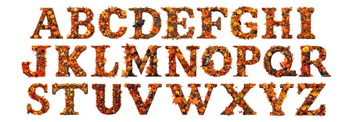 Autumn alphabet font with pumpkins and leaves isolated on transparent background - Generative AI