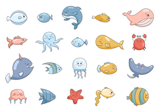 Cartoon aquatic animals. Fish characters underwater world. Marine life. Vector drawing. Collection of design elements.