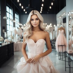 Naklejka premium Radiant Blonde Woman in a Bridal Gown at a Wedding Shop, Showcasing Flawless Makeup