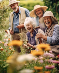 Joyful Senior Friends Sharing Laughter in a Blooming Garden Full of Life and Color