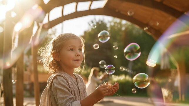 Joyful Child Blowing Sunlit Bubbles in a Park, with a Blurred Bubble Wand Upfront and a Softly Blurred Playground in the Background