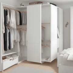 White wooden wardrobe stands tall in the corner of a modern bedroom, its clean lines and minimalist design reflecting the Scandinavian style of the room.
