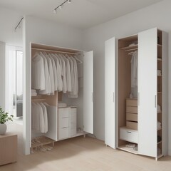 White wooden wardrobe stands tall in the corner of a modern bedroom, its clean lines and minimalist design reflecting the Scandinavian style of the room.
