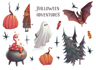 Cartoon Halloween illustrations set. Cute digital images isolated on white background: witch, cauldron with monster, dark forest, ghost, pumpkins, bat.